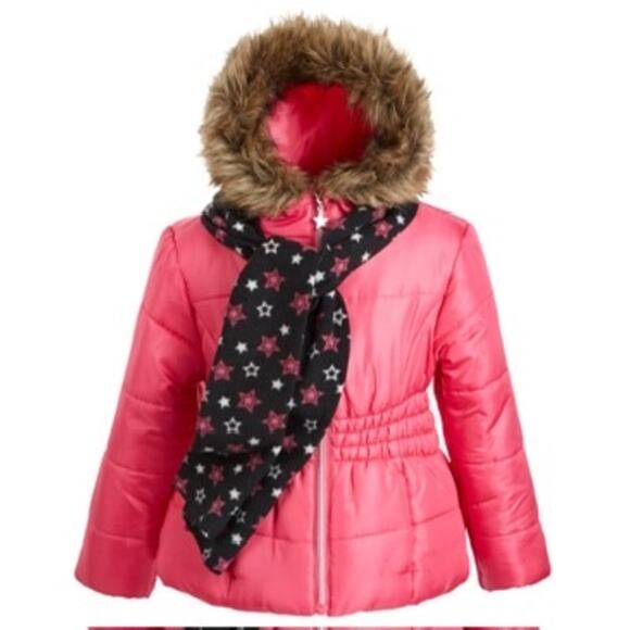 Rothschild Pink Faux Fur Hooded Puffer Jacket with Star Scarf Size‎ 6X - Picture 1 of 5
